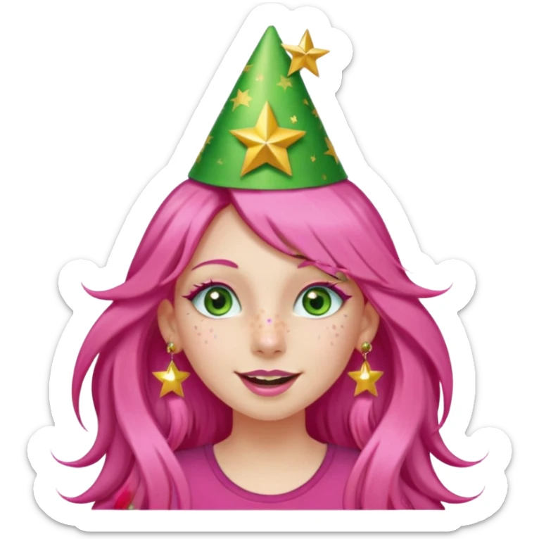 A girl with long pink hair and green eyes with long eyelashes and a happy face. She has freckles and a lit of bit of pink lipstick on her mouth, she’s also got a full gold birthday party hat on her head with gold pom poms on top of it, and her T-shirt is all red, she wore gold star earrings  sticker