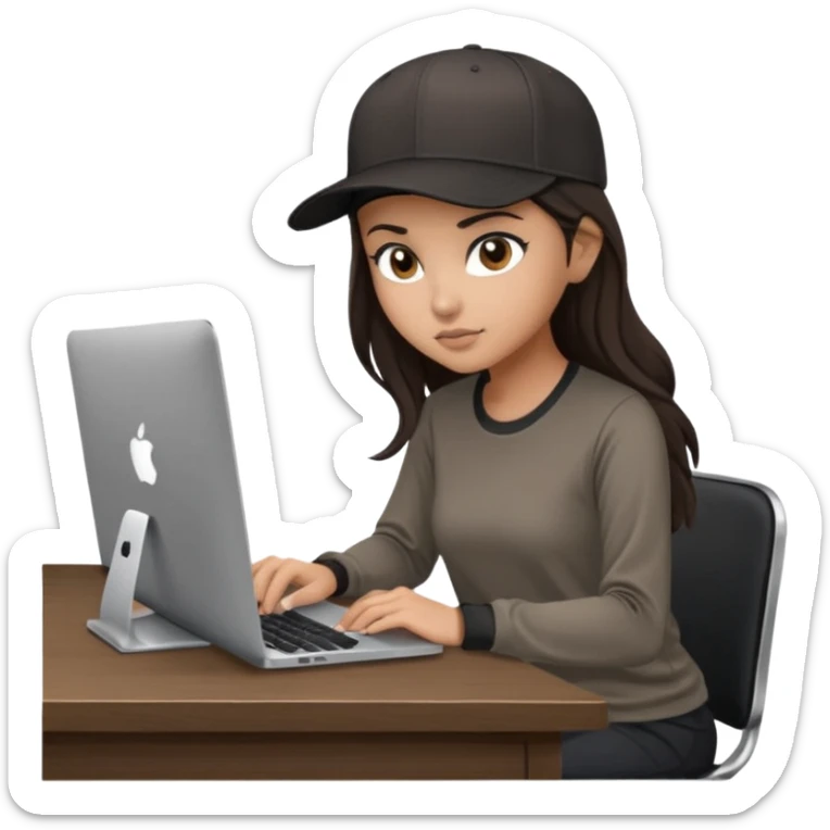 A professional 3D avatar of a young woman with olive skin and long, dark brown hair, wearing a dark, long-sleeved dark taupe shirt and a black baseball cap. She's sitting at a sleek wooden desk, typing on a silver MacBook. sticker