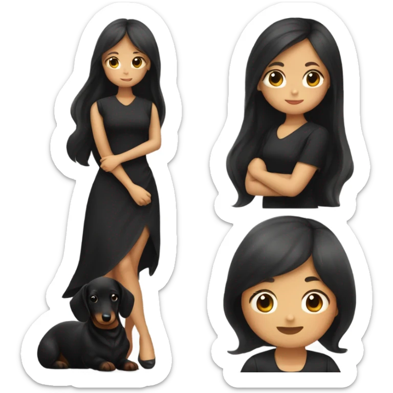 an Asian girl with long hair, wear black dress, hugging long haired dachshund sticker