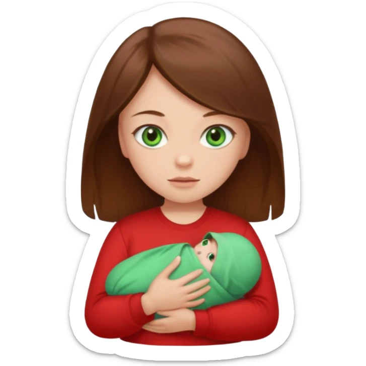 a girl with brown strait hair and has baby green eyes has a red t-shirt no baby sticker