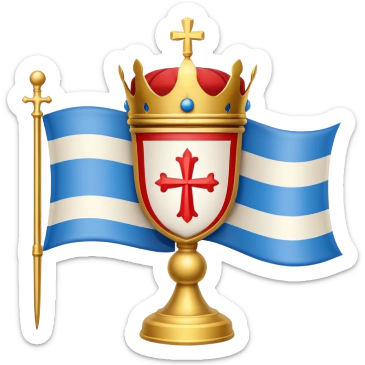 Hazme el emogi de la bandera gallega: cuadrado con una linea orizontal el escudo de color azul con una copa de oro i una bola blanca encima una corona de color rojo i oro con una cruz pequeña en la punta y el fondo blanco sticker