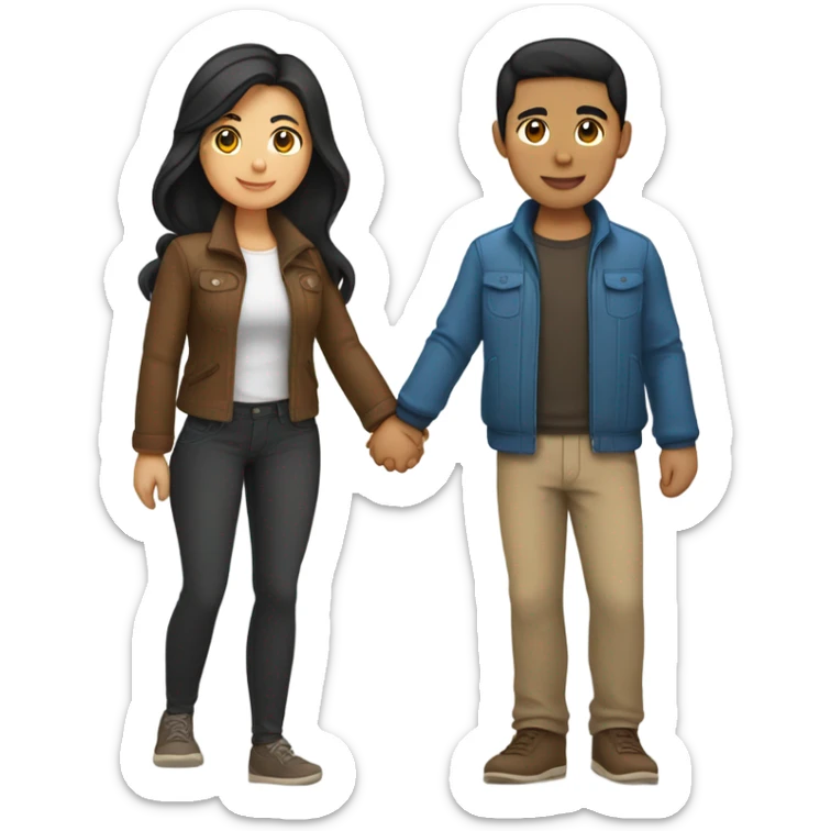 a couple holding hands. the guy has black middle part hair and is Persian and Filipino mix, wearing a jacket. the girl has brown hair white and asian mix, wearing a crop top. sticker