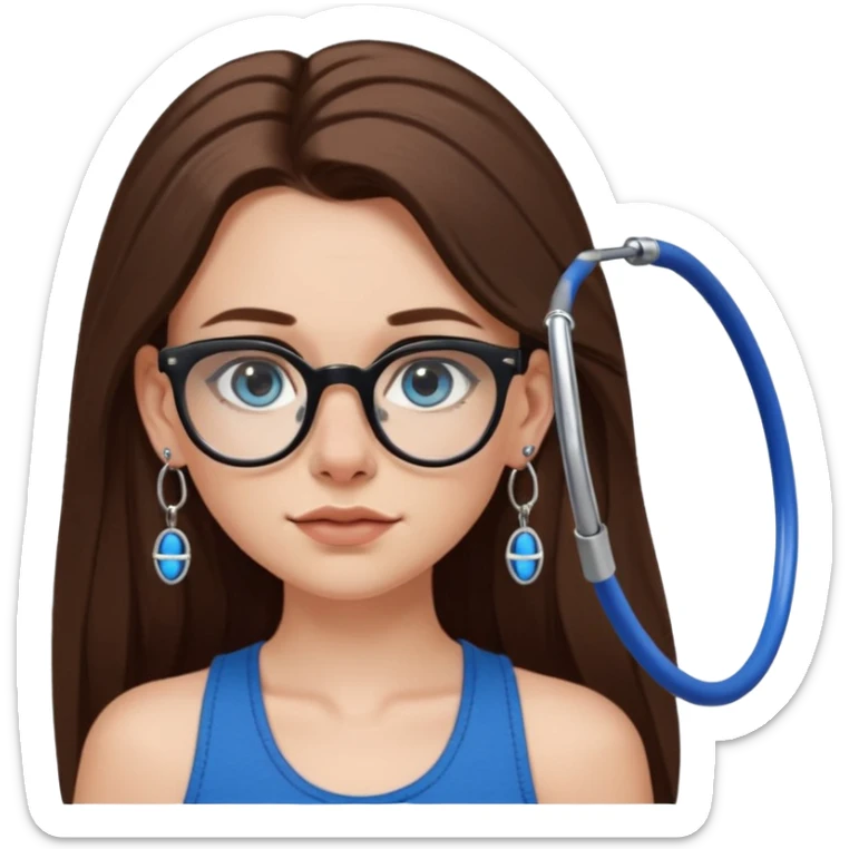 White girl with long brown hair, part going more to the RIGHT side, BLUE eyes, wearing BLACK plastic frame glasses. SEPTUM nose piercing hoop (at bottom of nose) AND stud nose piercing on right side of nose. Wearing BLACK tank top. Wearing big hoop earrings. NOOO necklace! sticker