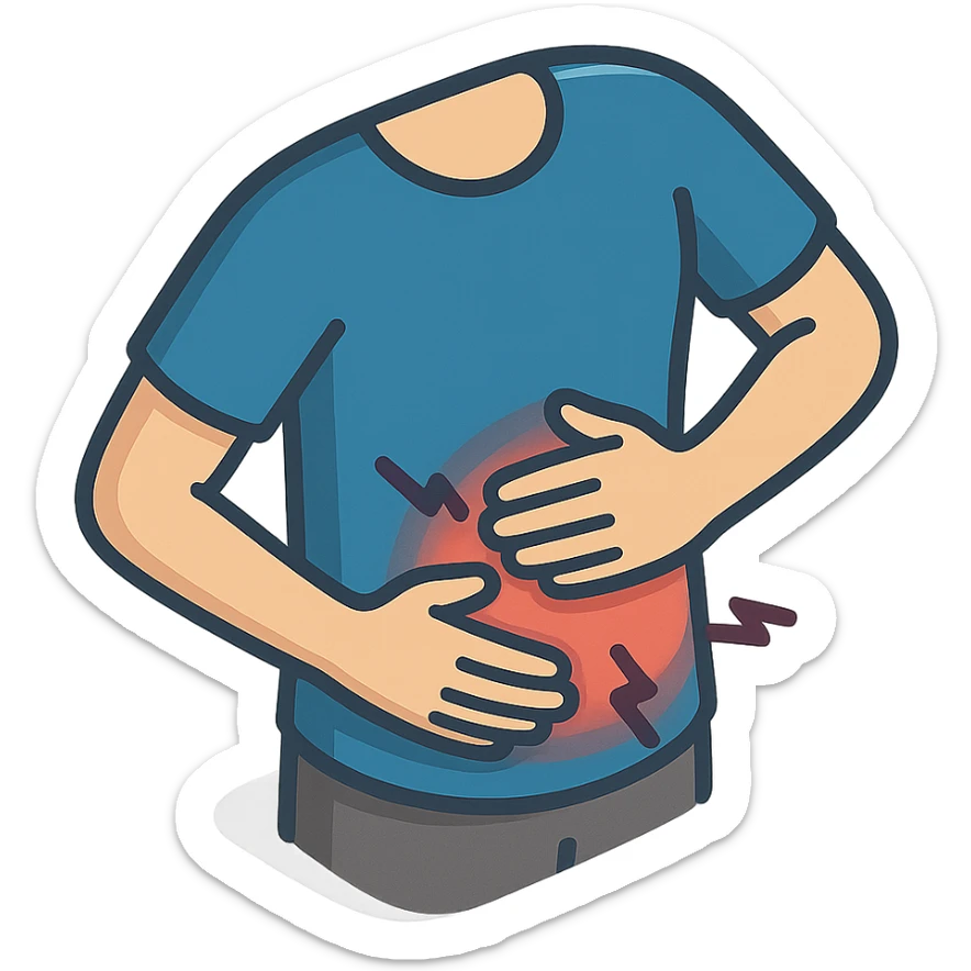 close-up of a person's stomach with one hand clutching the side and the other hand on top, indicating pain, only the stomach and hands, no face, 2D isometric illustration style sticker