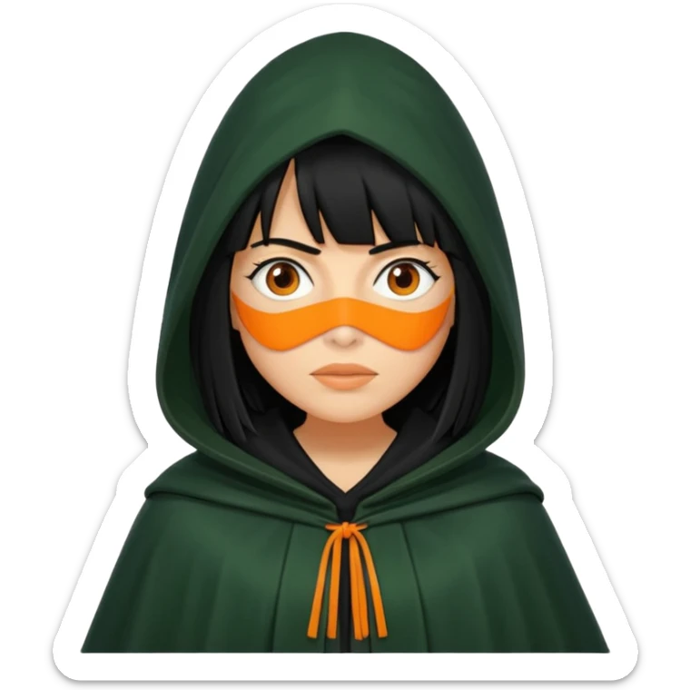 traitor tv show, person wearing dark green cloak with hood up who looks like claudia winkleman orange skin tone and thick black fringe no orange on the cloak  sticker