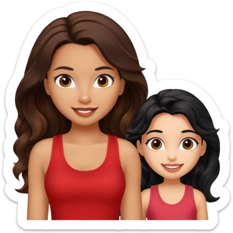 generate a pretty tan bratz girl with brown wavy hair long wearing a red tank top talking to a girl with black hair sticker