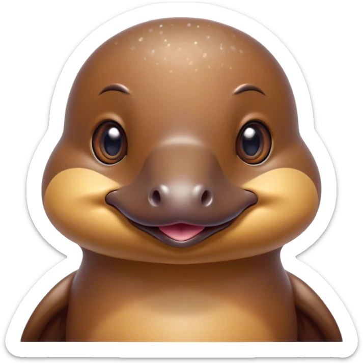Cinematic Cute Platypus Portrait Emoji, Head tilted playfully and inquisitively, featuring a glossy brown fur with a charming, flat duckbill and round, sparkling eyes brimming with quirky wonder, Simplified yet irresistibly adorable features, highly detailed, glowing with a warm, friendly glow, high shine, affectionate and whimsical, stylized with a touch of aquatic playfulness, bright and endearing, soft glowing outline, capturing the essence of a mischievous yet lovable platypus, so playful it feels like it could waddle out of the screen into your arms! sticker
