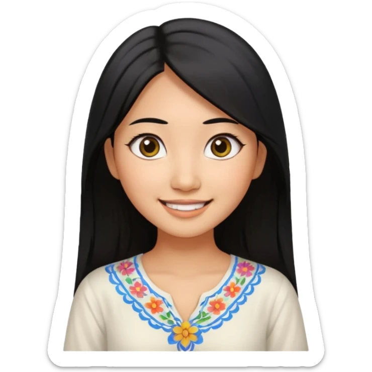 30 yr old asian woman center parted hair big eyes big smile tanned skin straight black hair hippie part hair white blouse sticker