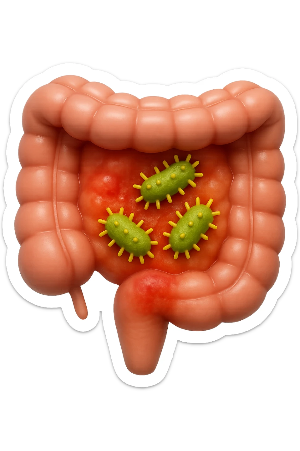 emoji stile iphone in 3d di intestino realistico con infezione e batteri dentro, iperrealistico 4k sticker