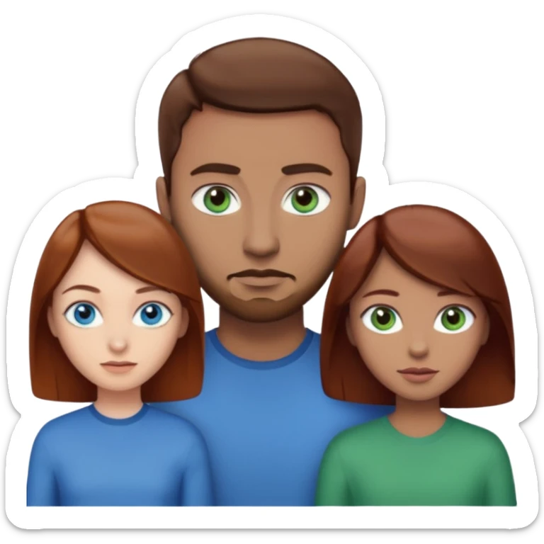 One woman with blue eyes, brown hair, light skin standing next to another woman with darker red brown hair, lighter skin, and green eyes, standing next to a man with no facial hair, blue eyes, and short brown hair sticker