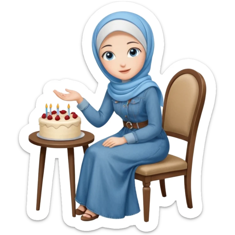 Turkish beautiful finish Konya girl blue eyes with denim hijab long tail dress and sits on the chair and holds cake with her hand  sticker