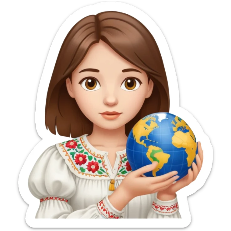 Beautiful young girl with brown hair wearing a white Ukrainian embroidered shirt holding a globe in her hand sticker