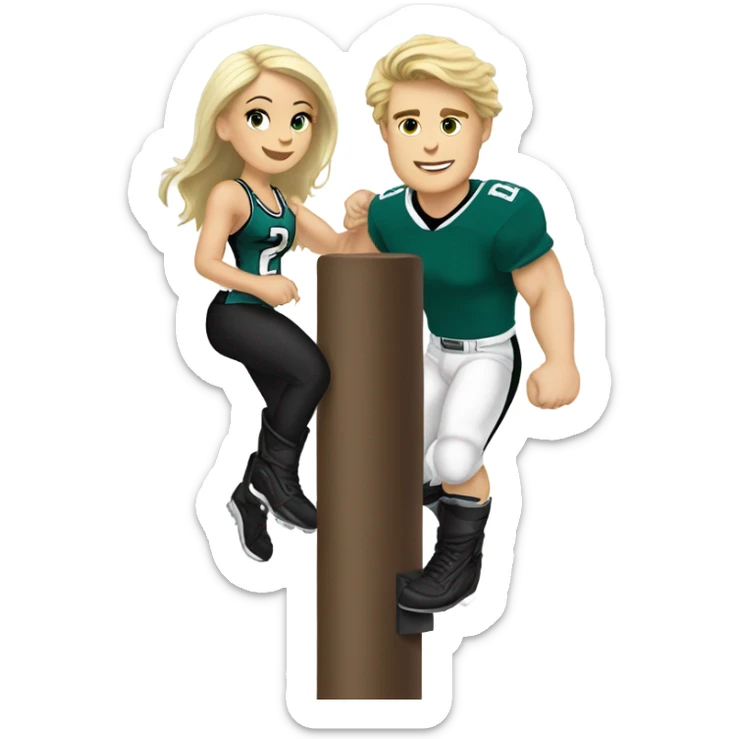 Brunette white female and blonde male with light skin who are both eagles fan climbing up a pole sticker