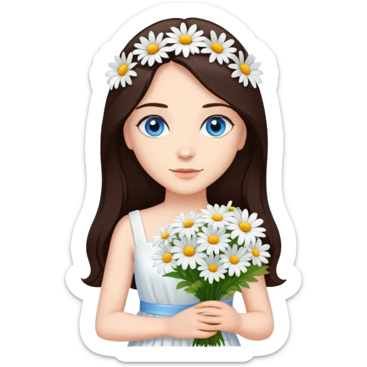 A lady stand with dark brown long hair and blue eyes, wearing a white dress, holds a bouquet of daisies.  sticker