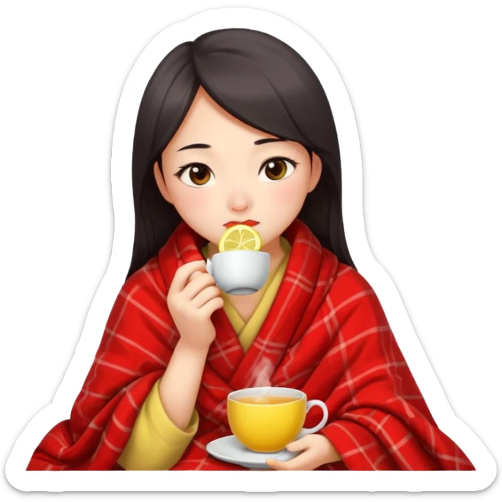 cute and sexy chinese girl, feeling sick up, nose and cheecks red by blush, covered by blanket, drinking tea with lemon sticker