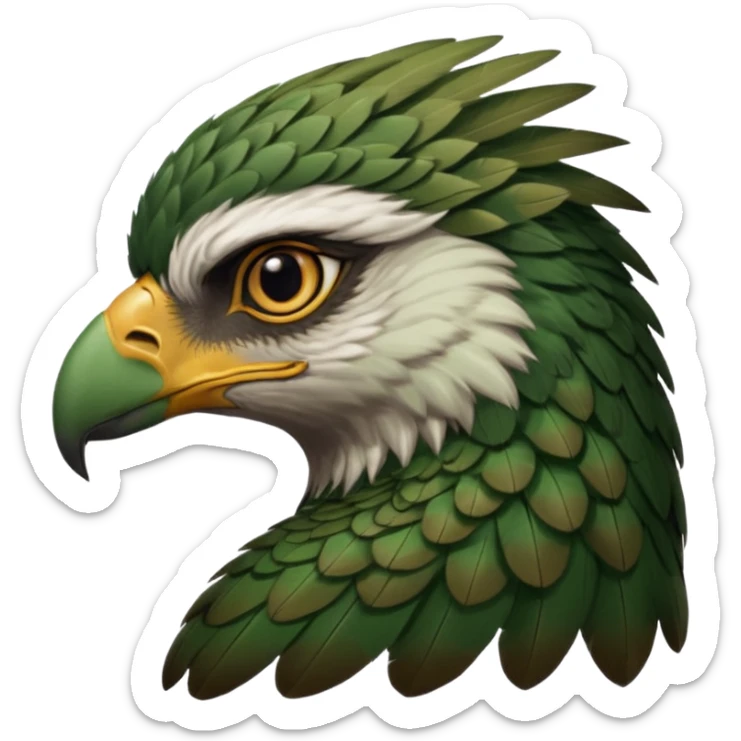 close up, zooming into the eye at the side profile of the face of a green hawk that is looking away from the camera sticker