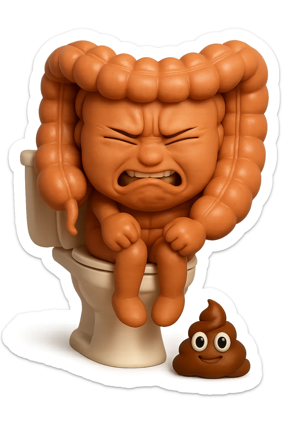 SU QUESTO STILE FAI UN EMOJI STILE IPHONE 3D DI UN INTESTINO CHE sta seduto sul wc e davanti ha una montagnetta di feci a palline stile emoji iphone, fallo senza naso e FAGLI UN ESPRESSIONE di dolore mentre si sforza E FALLO MOLTO REALISTICO IN 3D sticker