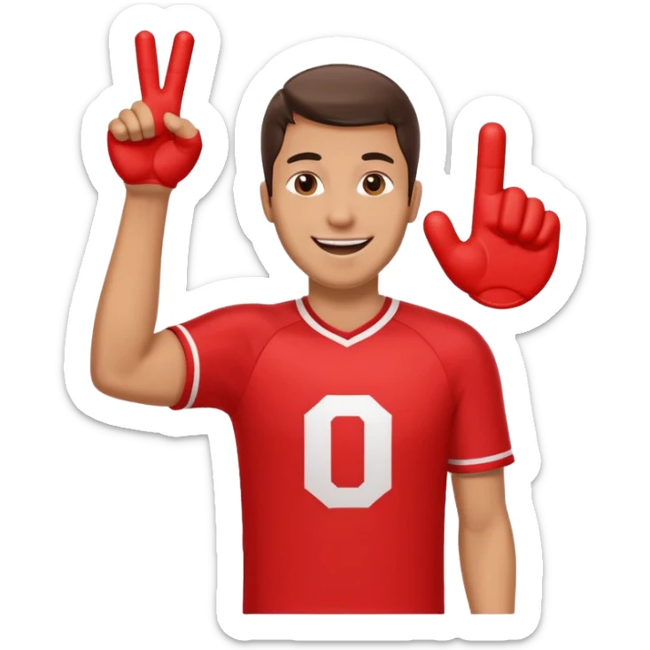 A cheerful man in a team jersey, waving a giant red foam finger high with an excited grin. sticker