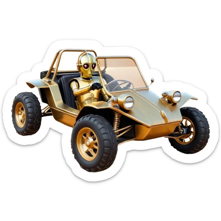 tarnished neon underglow C-3PO ghost hunter 1964 delicately ornate rosegold wood accents painted dune buggy buckboard powered by electric motors and batteries with racing safety belts while flying rapidly roughening terrain stable on strong agile advanced suspension and steering sticker