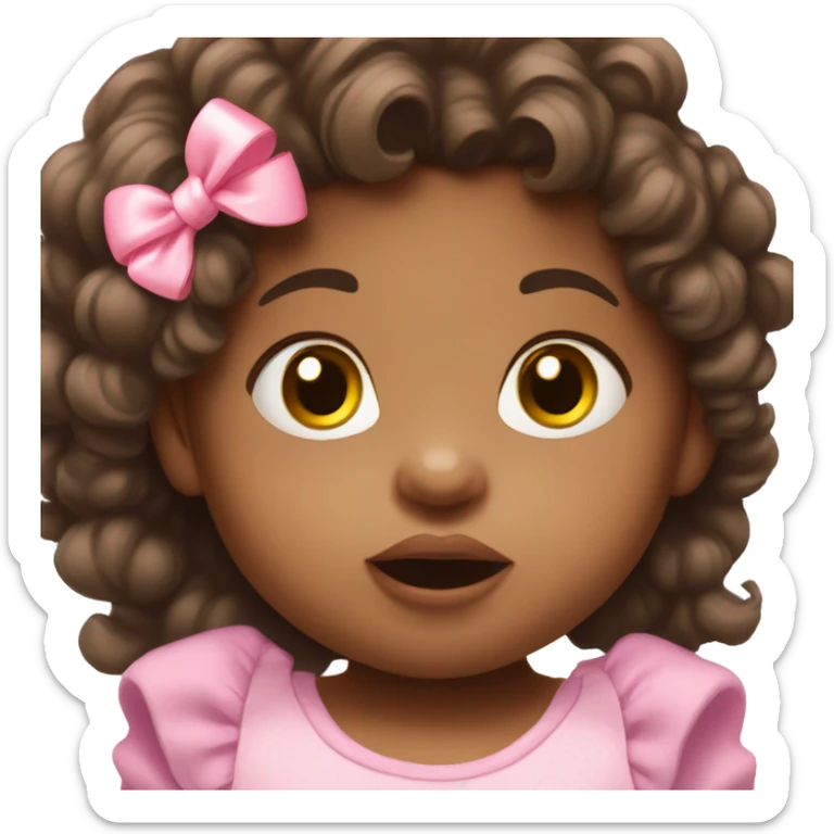 toddler girl with fluffy brunette hair, brown eyes, a pink pacifier in her mouth and a pink bow in her hair sticker