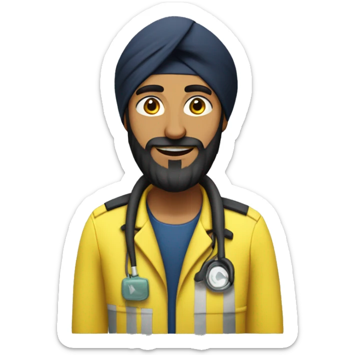 Skinny sikh man with beard wearing a black turban and a yellow paramedic jacket sticker