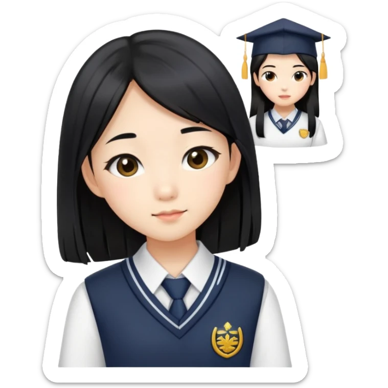 fashionable Asian schoolgirl with long straight black hair, stylish school uniform sticker