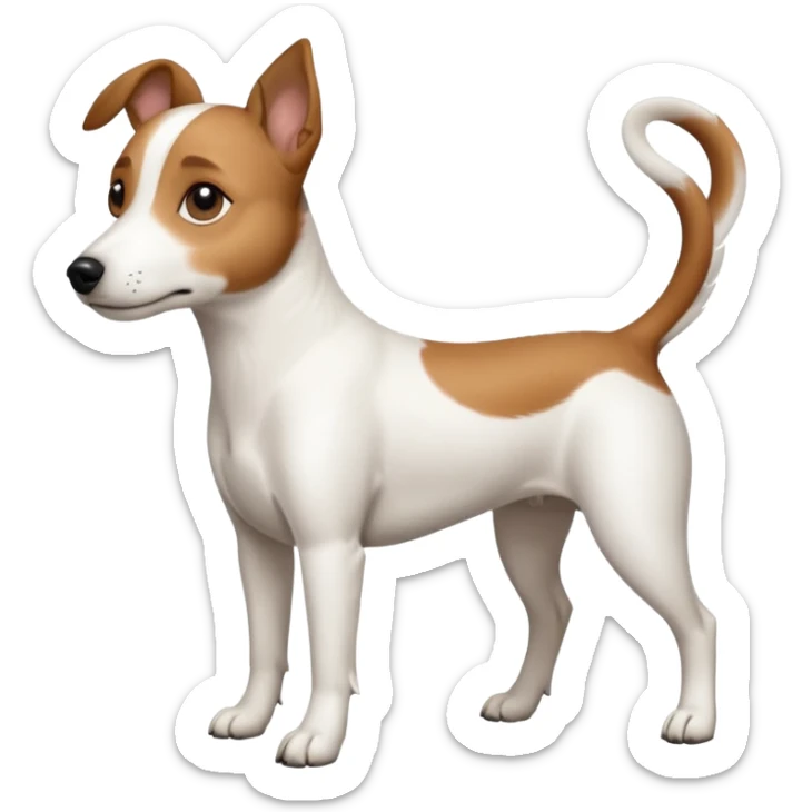 a full body white jack russel looking dog the size of a kelpie with light brown ears and a light brown patch on one eye, flopped down ears and a large snout sticker