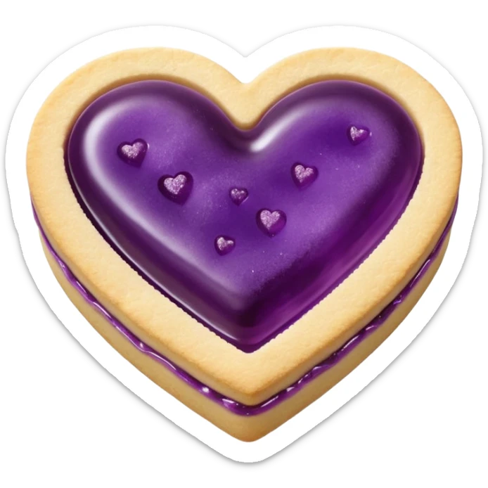 Realistic shortbread cookie in the shape of a heart with violet jelly middle filling and sprinkled powder sugar on top. sticker