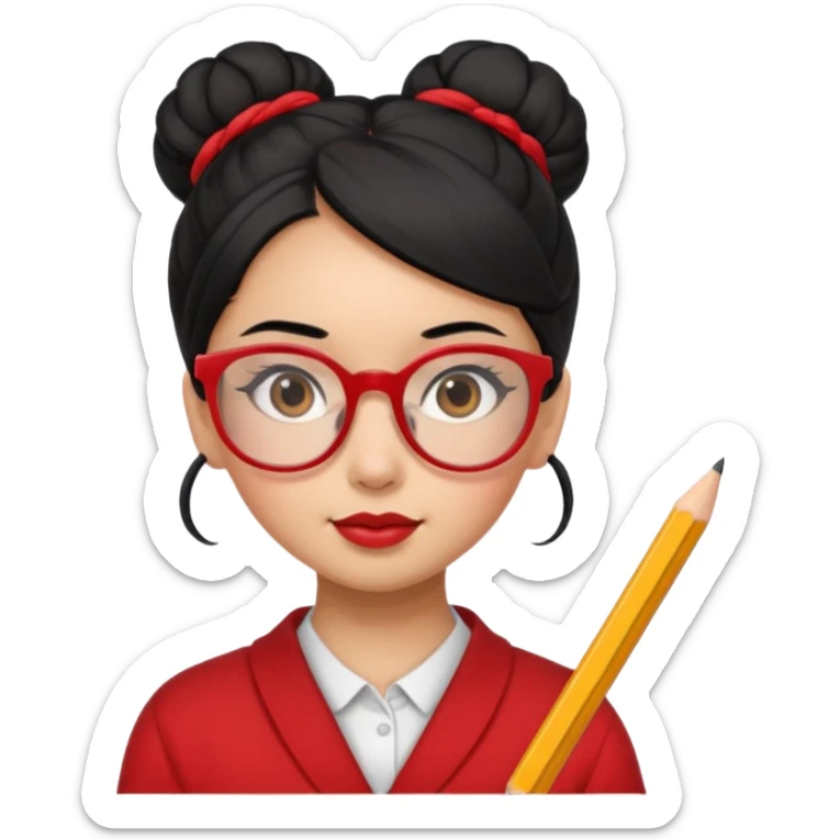 Morena girl with black hair that's in a bun style, with a pencil holding the bun in place. she has a cute rectangular red glasses sticker