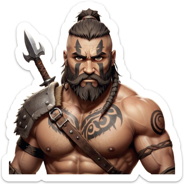 Clash of Clans aesthetic: Cinematic Rugged Barbarian Portrait Emoji, Intense and formidable with a heavily muscled physique, a rugged beard, piercing eyes, and battle-worn armor adorned with tribal markings, his expression fierce and resolute, Simplified yet powerfully detailed features, highly detailed, glowing with a deep, primal energy, high shine, gritty and uncompromising, stylized with an air of raw, untamed power, focused and determined, soft glowing outline, capturing the essence of a barbarian warrior carved by countless battles and poised to lead his clan into epic conflict! sticker