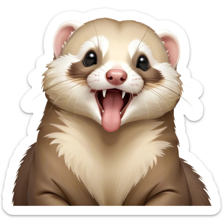 Cinematic Cute Yawning Ferret Portrait Emoji, Head tilted slightly with an exaggerated, wide-open yawn, showcasing a long, flexible body with a plush coat in soft brown and cream, droopy, drowsy eyes, and a relaxed expression, Simplified yet irresistibly endearing features, highly detailed, glowing with a soft, cozy natural glow, high shine, relaxed yet expressive, stylized with a dash of whimsical charm, soft glowing outline, capturing the essence of a sleepy yet affectionate ferret that seems ready to curl up for a nap! sticker