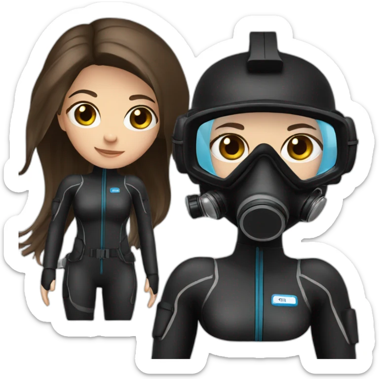 a woman with an a black scubadiver suit. she wear a pink diving mask, she has blue eyes inside the dive mask. brown long and straight hair sticker
