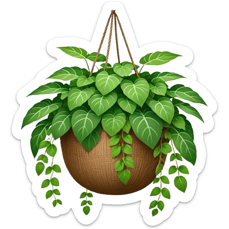Plectranthus Verticillatus plant with round green leaves in a coconut fiber hanging basket sticker