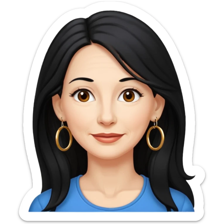 emoji of a woman in her 50s, long black hair, wearing hoop earrings, friendly expression sticker
