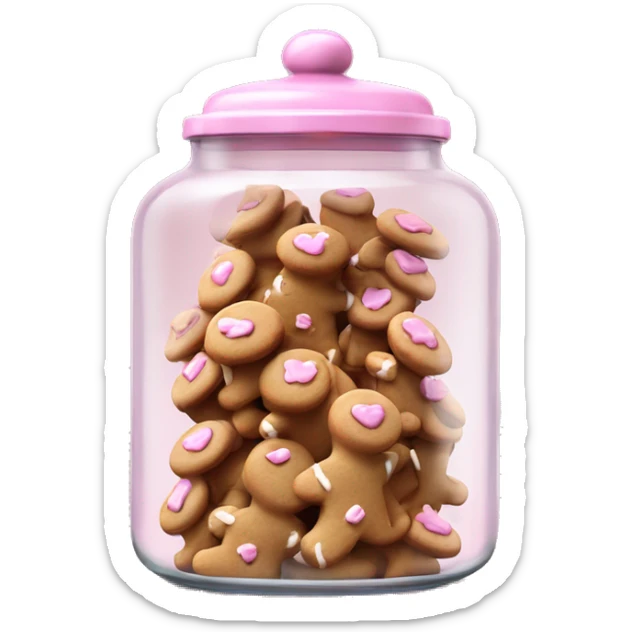 Realistic glass cookie jar with light pink lid full of gingerbread cookies isolated.  sticker