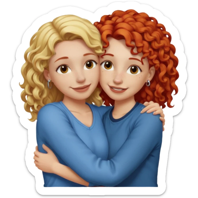 A woman with straight, blonde hair and a nose piercing and a woman with curly red hair and a nose piercing are hugging and smiling together. sticker
