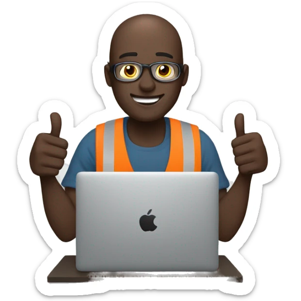 man working on laptop. bald, dark skin, macbook, thumbs up on righ hand sticker