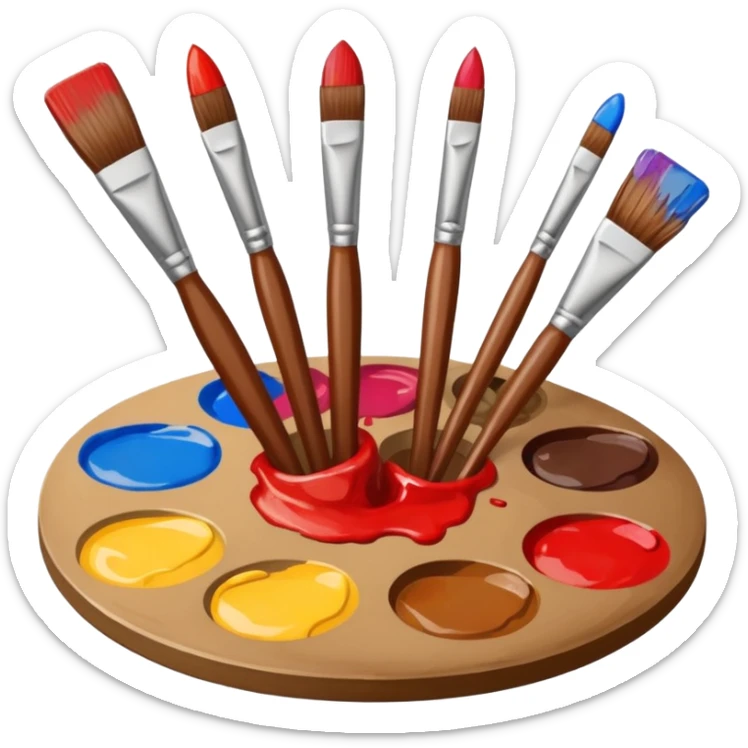 STICKER PINCEAUX ROUGE ET BRUN AVEC PALETTE DE PEINTURE ET TACHE DE PEINTURE sticker