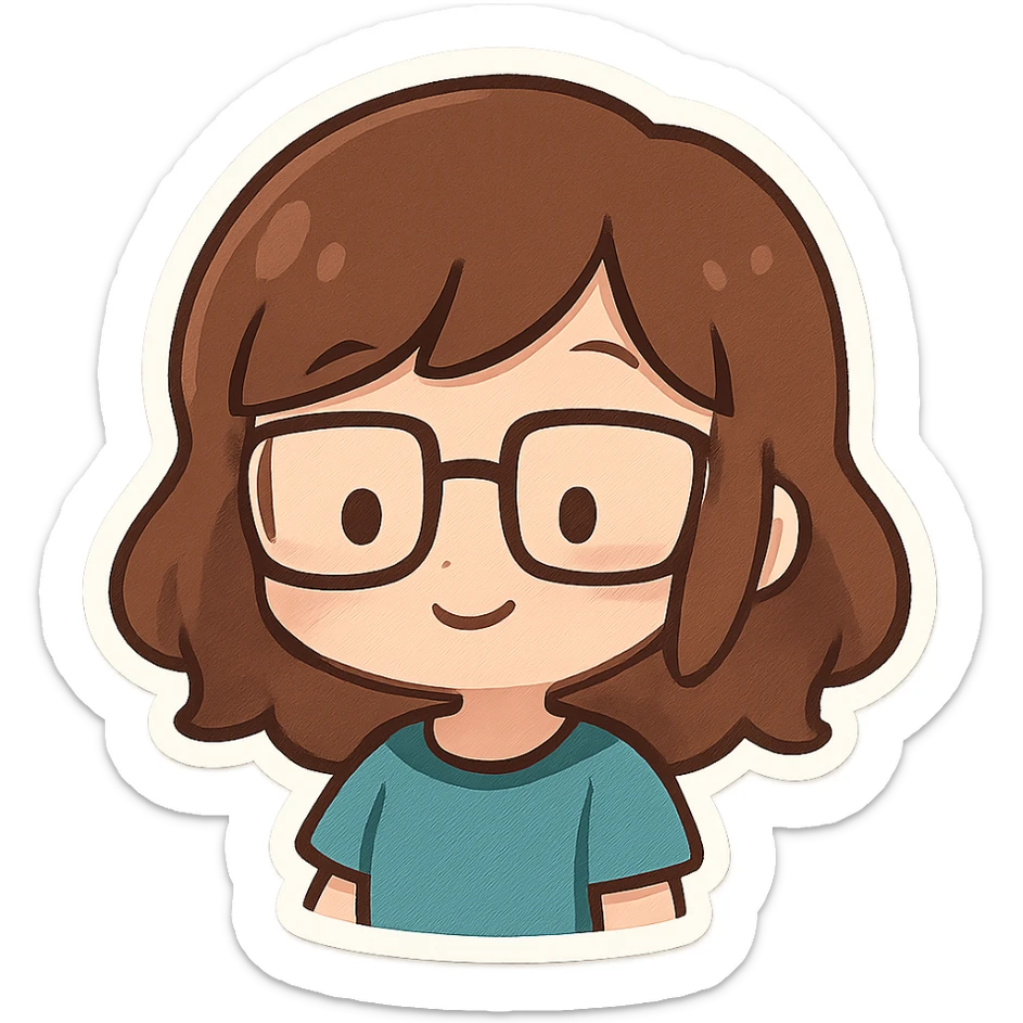 Add square frame glasses to the girl and change her shirt to teal, keeping the chibi style. sticker