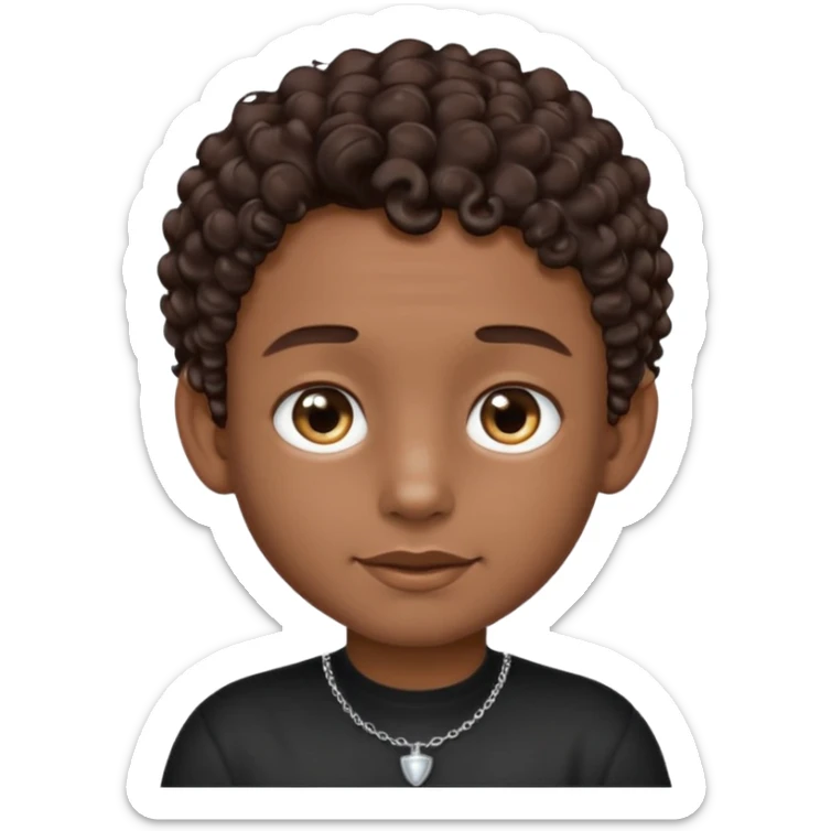 a boy emoji with a milk chocolate skin color, short dark brown curly hair with 2 silver stud earrings on both ears and 2 slits on each eyebrow and is wearing a black shirt with a silver necklace  sticker