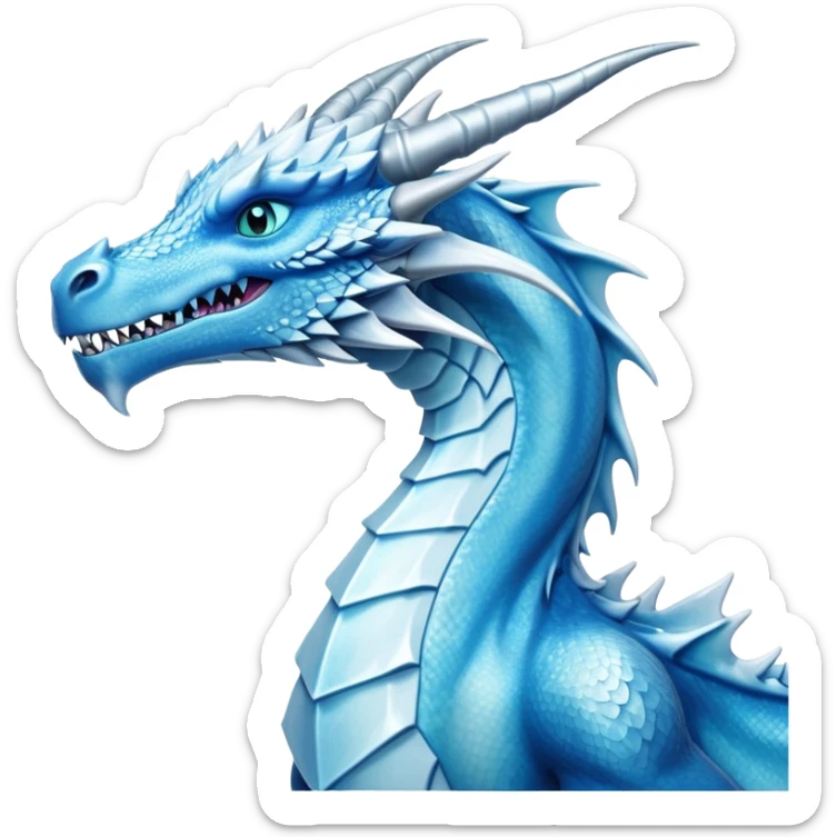 Cinematic Noble Fierce Ice Dragon Portrait Emoji, Poised and imposing, distinct long elegant snout, with a slender, scaled body shimmering in glacial hues of icy blue, frostbitten silver, and crystalline white, breathing out frost, with piercing, glowing eyes that radiate the chilling depths of an arctic storm; rendered in detail. sticker