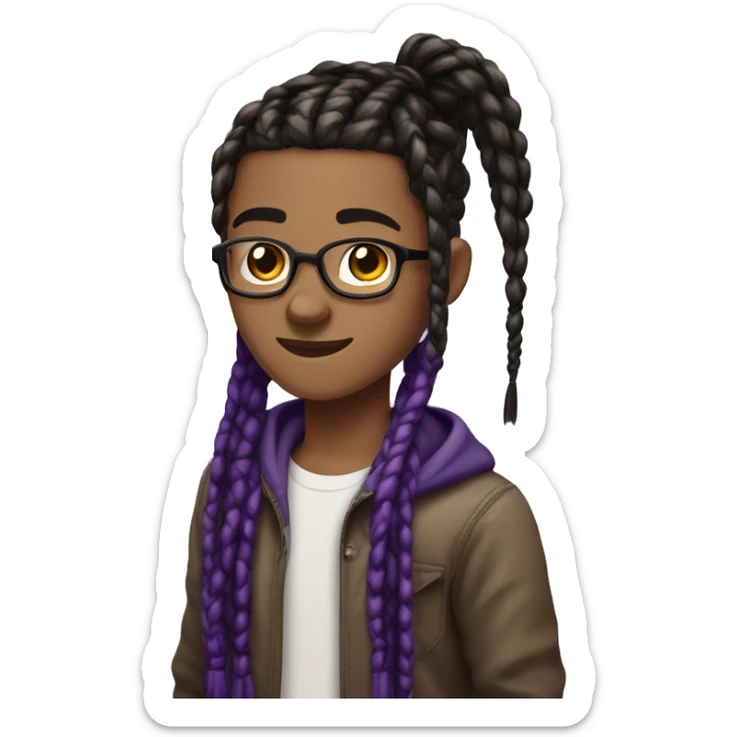 Brown teen nerd androginous boy with black and dark purple box braids showing near the eyes sticker