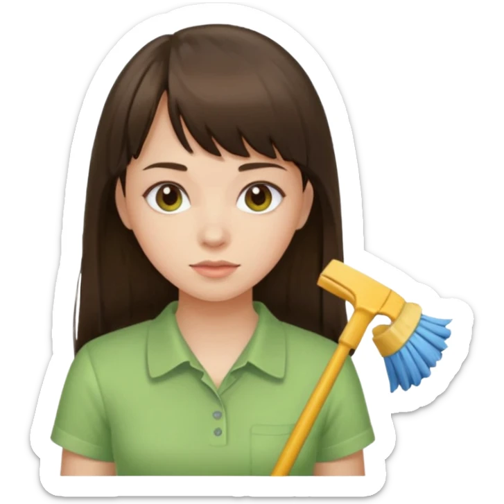 girl brunette with bangs long hair cleaning light green shirt sticker