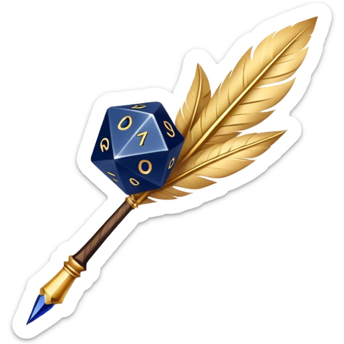 A golden quill crossing with a d20 that has no marks or numbers
Color: Gold and deep navy blue sticker