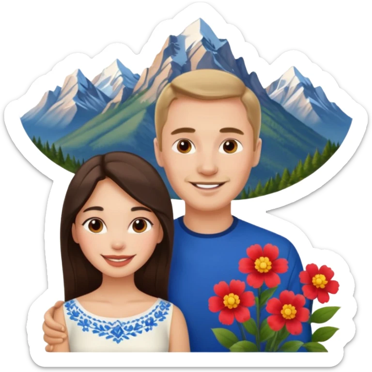 Couple traveling in Montenegro russian man and elegant  Latina girl delicate flowers and mountains in the background  sticker