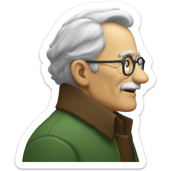 Old men in profile, gray hair, brown glasses on the nose, green coat sticker