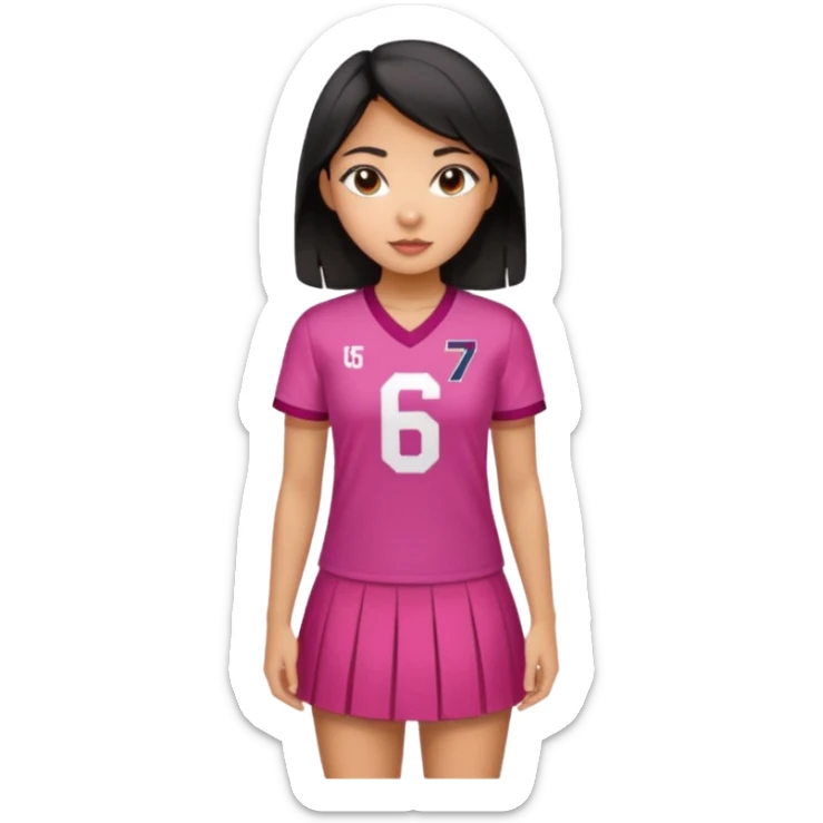 Hawaiian girl with black hair with dark pink highlights in hair with short skirt and jersey shirt number 67 sticker