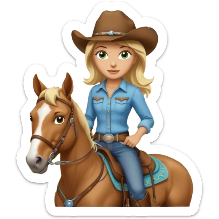 one blonde with light blue green eyes cowgirl on a quarter horse sticker