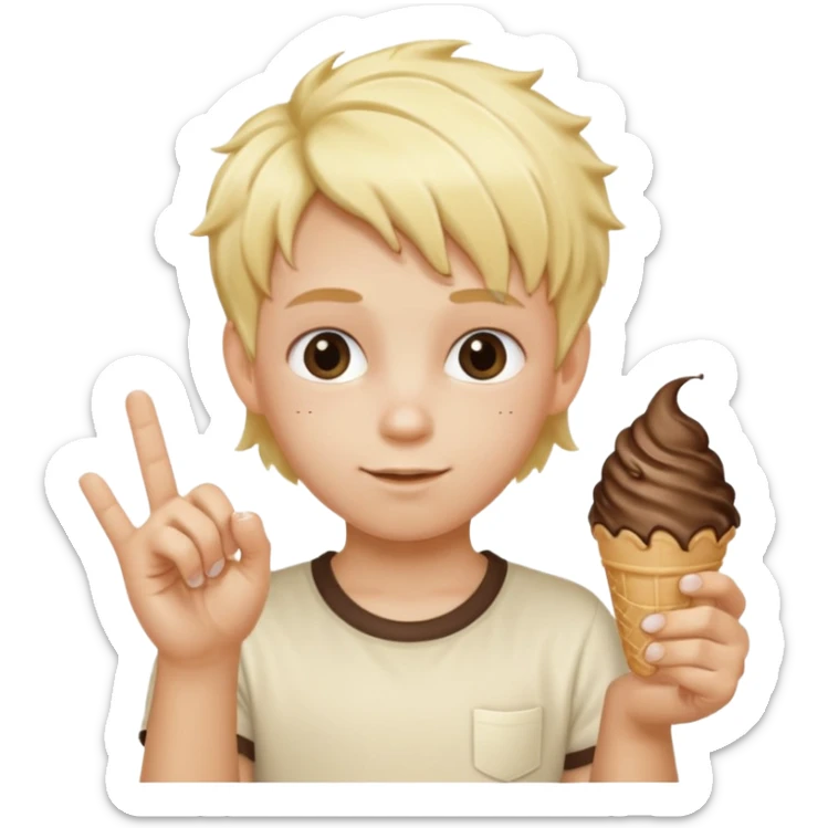 A kid with blonde icecream hair with two hands that has 6 on the left hand and 7 on the right hand sticker