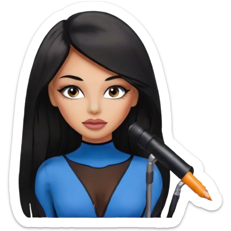 Glamours, tanned, very beautiful girl, with big pump peach-beige-rose lips, eyeliner, long long lashes, black straight smooth silky long hair, straight parting hair, blue-grey eyes, in totally black bodysuit  sticker